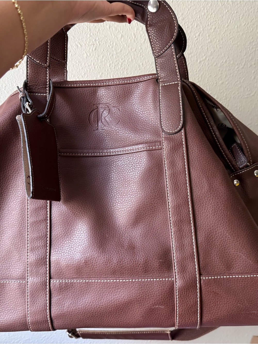 Double-R Embossed Burgundy Pebbled Leather Travel Tote